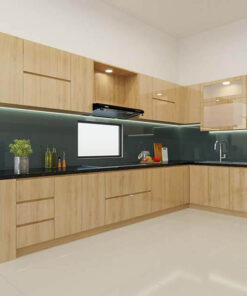 Tủ bếp acrylic vân gỗ chữ L tối ưu không gian
