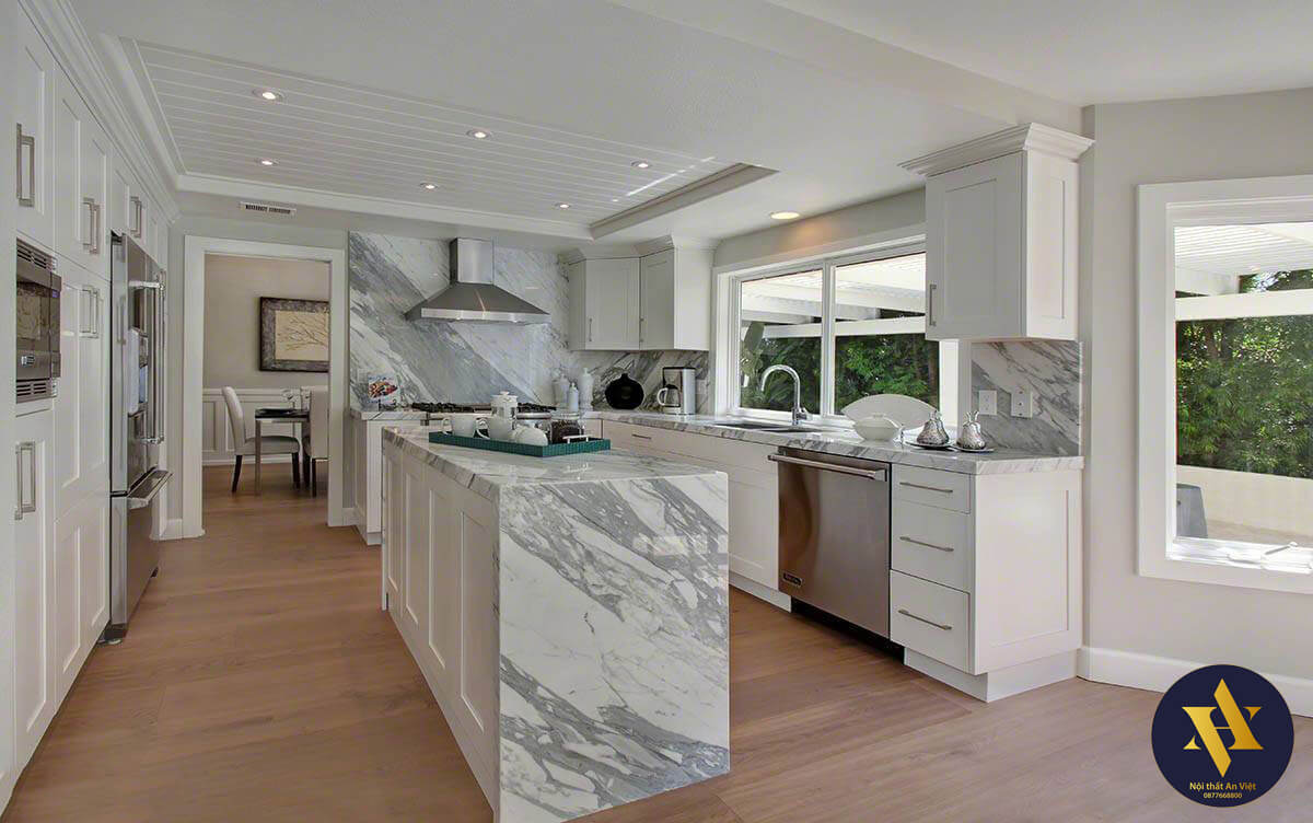 Mẫu đá trắng cẩm thạch marble ốp bếp hiện đại