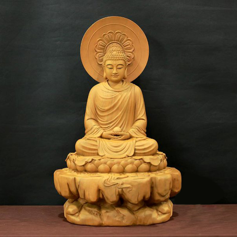 Tượng Phật Thích Ca Ngồi Non Nước Bằng Gỗ Nguyên Màu Có Hào Quang Nhỏ